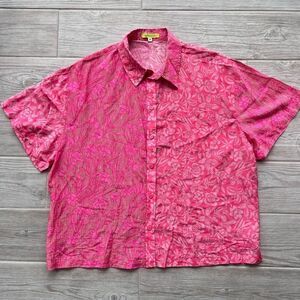 Tell Your Friends Mens‎ Pink Floral Silk Short Sleeve Button-Up Shirt Medium